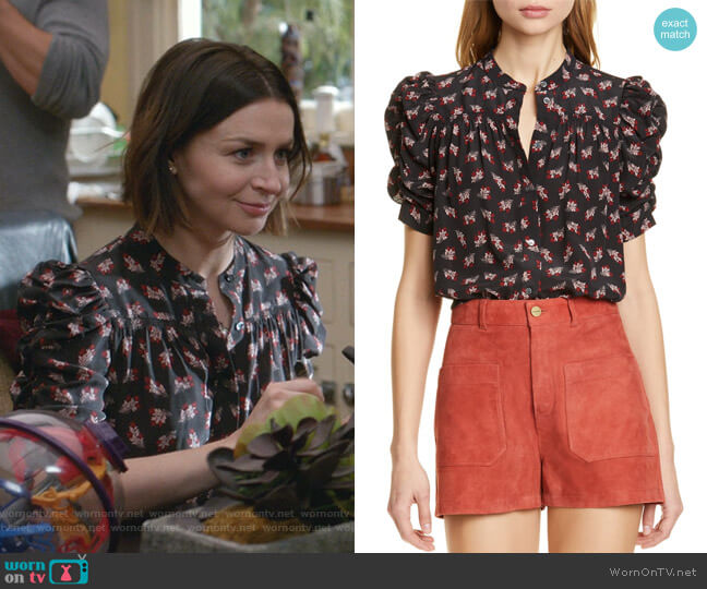 Floral Ruched Sleeve Silk Blouse by Frame worn by Amelia Shepherd (Caterina Scorsone) on Greys Anatomy