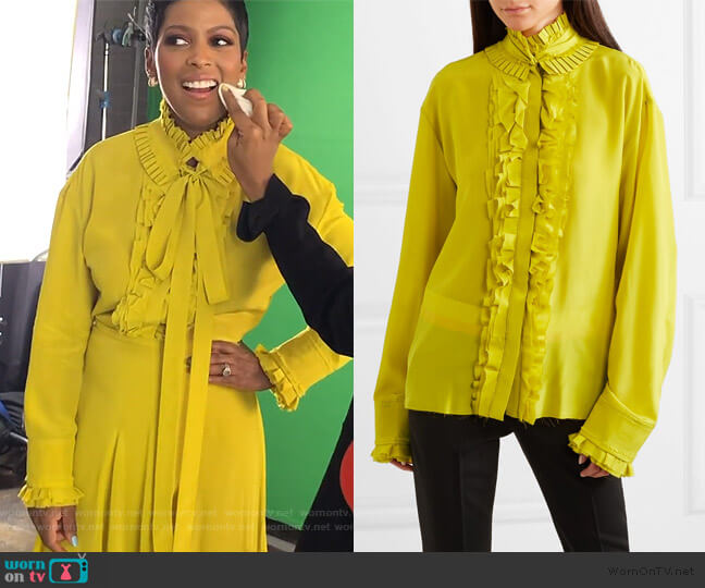 Pleated ruffled silk crepe de chine blouse by Haider Ackermann worn by Tamron Hall  on Tamron Hall Show