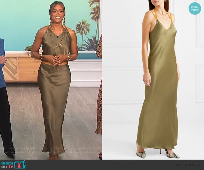 Rubberband tulle-trimmed satin maxi dress by Helmut Lang worn by Eve on The Talk