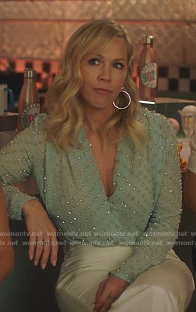 Jennie's green embellished wrap top on BH90210