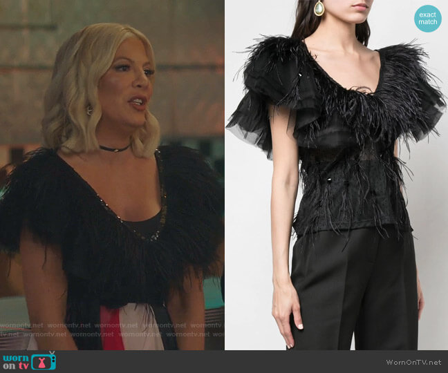 Feather Trim Sheer Blouse by Johanna Ortiz worn by Tori Spelling  on BH90210