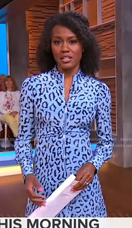 Janai’s blue leopard print zip-front dress on Good Morning America