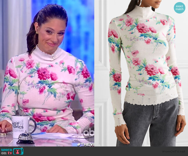 Distressed floral-print cashmere turtleneck sweater by Les Reveries worn by Abby Huntsman on The View