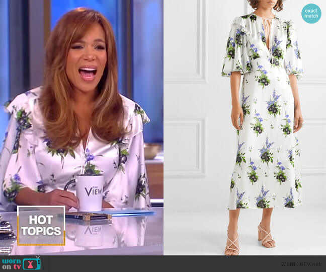 Ruffled floral-print silk-satin midi dress by Les Reveries worn by Sunny Hostin on The View