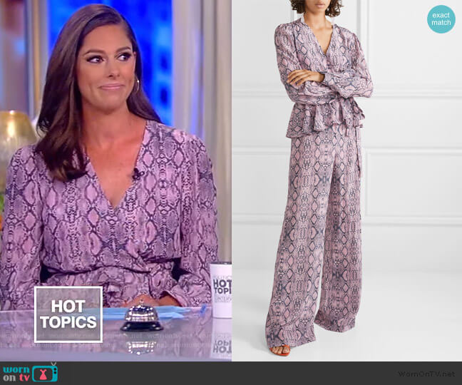 Ruffled snake-print silk wrap-effect jumpsuit by Les Reveries worn by Abby Huntsman on The View