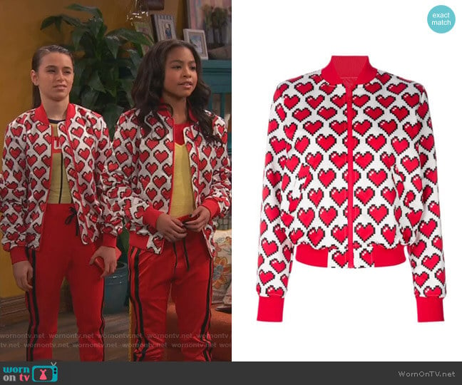 Allover Heart Print Bomber Jacket by Love Moschino worn by Nia Baxter (Navia Robinson) on Ravens Home