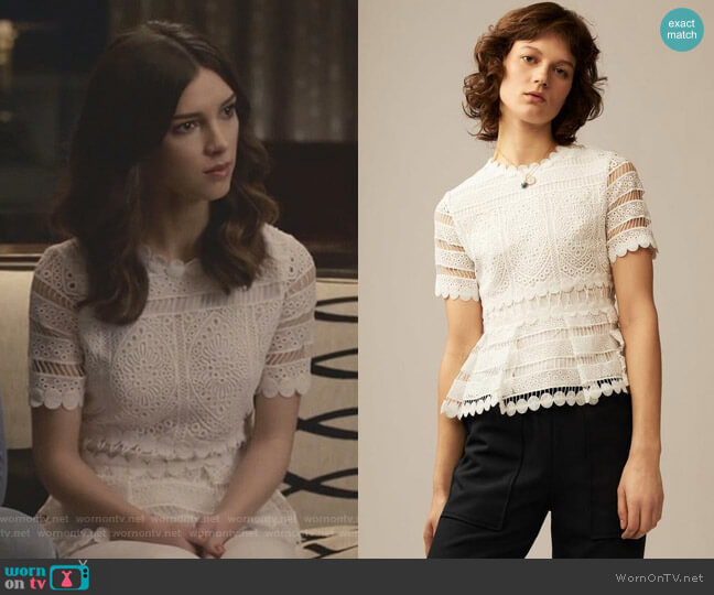 Loseray Lace Embroidered Peplum Blouse by Maje worn by Alicia Mendoza (Denyse Tontz) on Grand Hotel