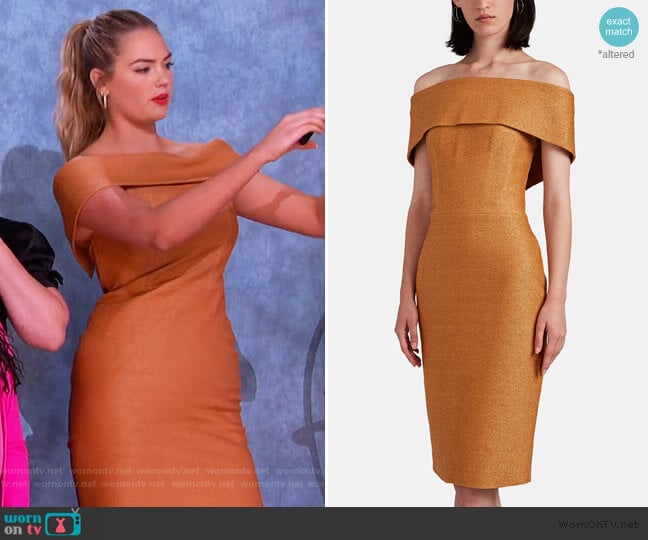 Golden Ticket Cloqué Off-The-Shoulder Dress by Manning Cartell worn by Kate Upton on The Kelly Clarkson Show