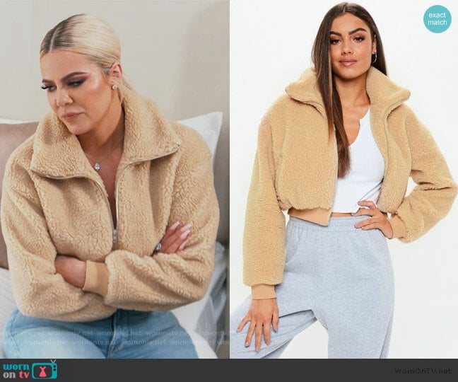 Chunky Crop Zip Through Teddy Jacket by Missguided worn by Khloe Kardashian on Keeping Up with the Kardashians