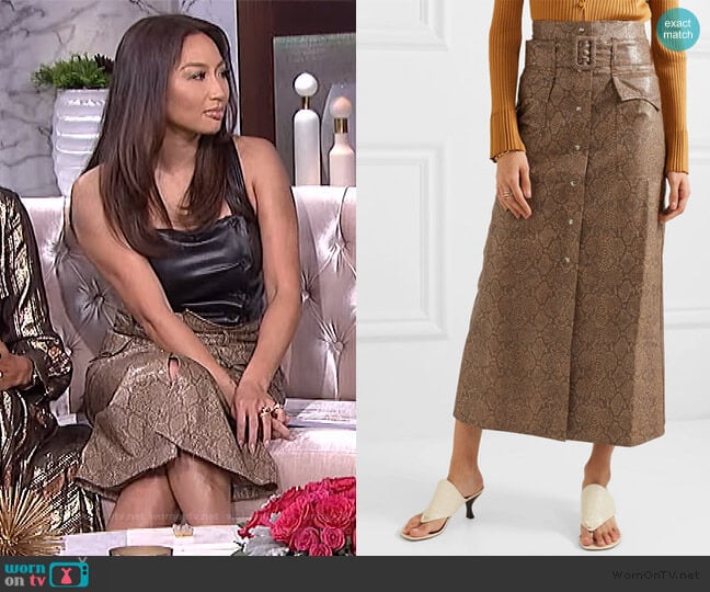 Aarohi Belted Snake Vegan Leather Skirt by Nanushka worn by Jeannie Mai on The Real