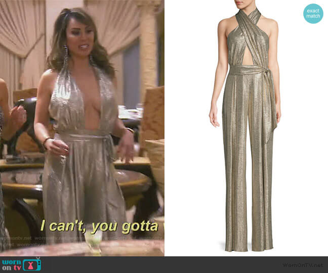 Lame Wrap-Front Halter Jumpsuit by PatBO worn by Kelly Dodd  on The Real Housewives of Orange County