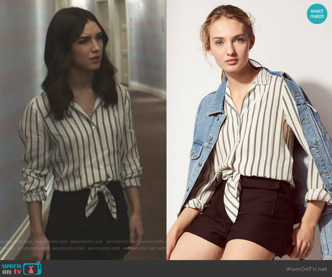 Playsuit with Striped Tie-Front Shirt by Sandro worn by Alicia Mendoza (Denyse Tontz) on Grand Hotel