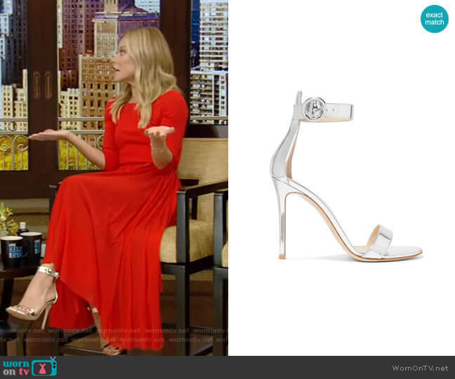 Portofino Metallic Leather Sandals by Gianvito Rossi worn by Kelly Ripa on Live with Kelly and Mark