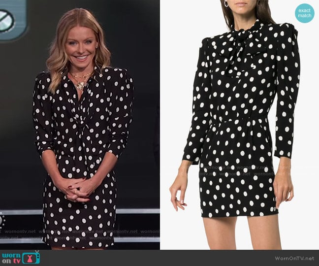 Pussy-Bow Printed Crepe Mini Dress by Saint Laurent worn by Kelly Ripa on Live with Kelly and Mark