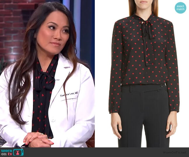 Heart Print Tie Neck Silk Top by Red Valentino worn by Sandra Lee aka Dr Pimple Popper on The Kelly Clarkson Show