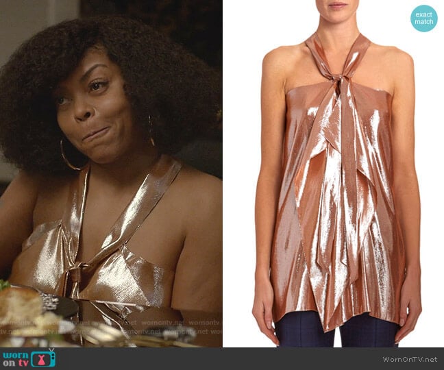 Pontal Draped Metallic-Silk Jacquard Halter Top by Roland Mouret worn by Cookie Lyon (Taraji P. Henson) on Empire