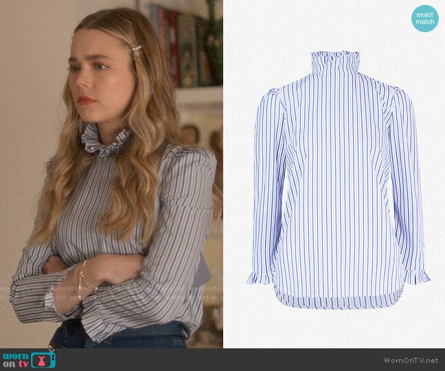 Sandro Ruffled striped cotton blouse worn by Ainsley Howard (Rebecca Rittenhouse) on Four Weddings and a Funeral