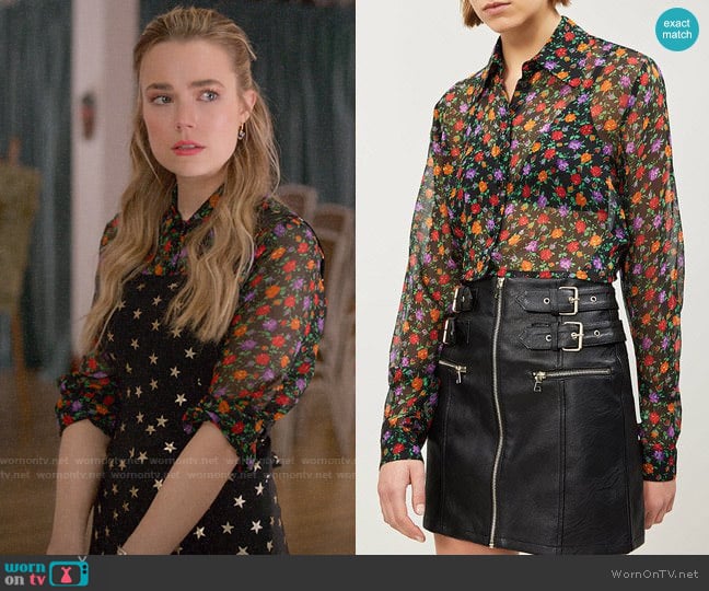 The Kooples Floral-print cropped silk-chiffon shirt worn by Ainsley Howard (Rebecca Rittenhouse) on Four Weddings and a Funeral