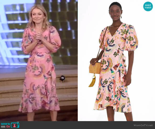 Tropical Birds Ruffle Wrap Dress by FARM Rio worn by Kelly Ripa on Live with Kelly and Mark