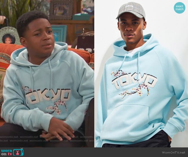 Tokyo Embroidered Chenille Hoodie Sweatshirt by Urban Outfitters worn by Booker Baxter (Issac Ryan Brown) on Ravens Home