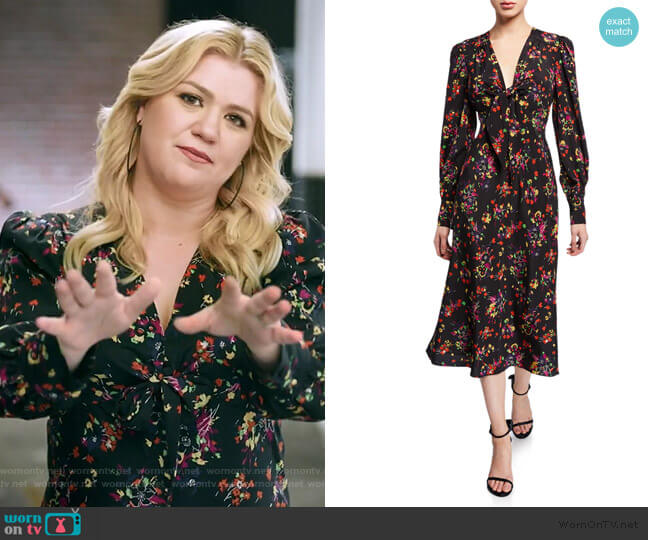 Amber Long-Sleeve Floral Tie-Front Midi Dress by Veronica Beard worn by Kelly Clarkson on The Kelly Clarkson Show