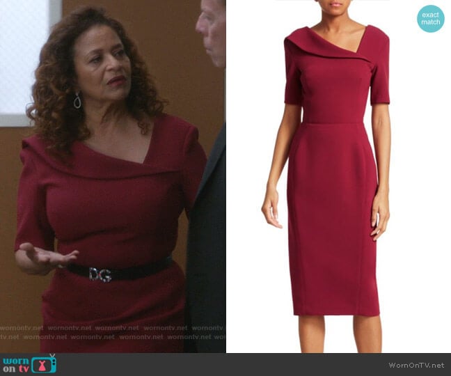 Short-Sleeve Asymmetric Neck Crepe Sheath Dress by Zac Posen worn by Catherine Avery (Debbie Allen) on Greys Anatomy