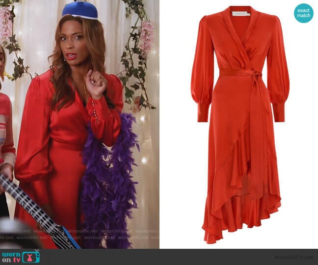 WornOnTV: Poppy’s red satin wrap dress on Single Parents | Kimrie Lewis ...