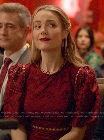 Ainsley’s red eyelet maxi dress on Four Weddings and a Funeral