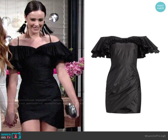 Alessandra Rich Off-The-Shoulder Pleated & Ruched Silk Taffeta Butterfly Sheath Dress worn by Tessa Porter (Cait Fairbanks) on The Young and the Restless