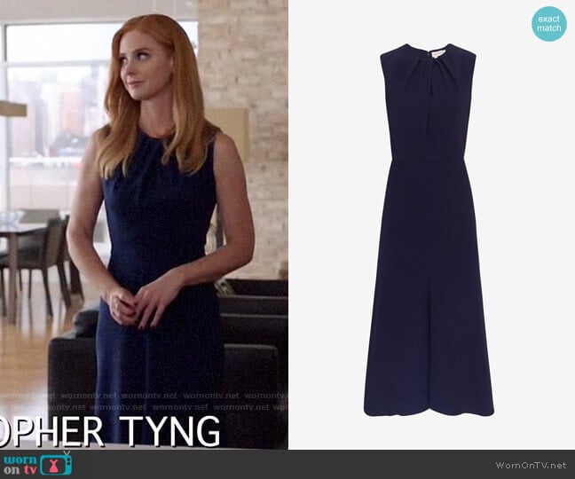 Alexander McQueen Pintucked-Neck Wool-Crepe Dress worn by Donna Paulsen (Sarah Rafferty) on Suits