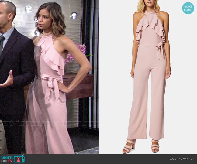 Avec Les Filles Ruffle Halter Jumpsuit worn by Elena Dawson (Brytni Sarpy) on The Young and the Restless