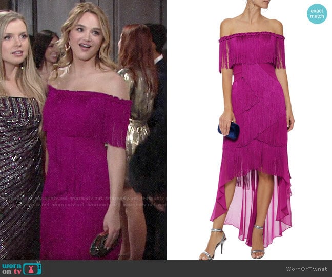 Badgley Mischka Off-the-shoulder Fringed Crepe and Chiffon Gown worn by Summer Newman (Hunter King) on The Young and the Restless