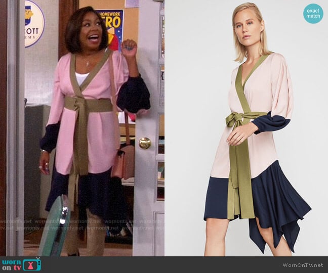 Bcbgmaxazria Asymmetrical Colorblocked Wrap Dress worn by Tina Butler (Tichina Arnold) on The Neighborhood