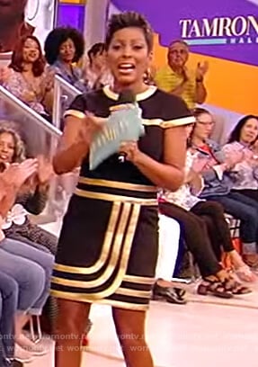 Tamron's black and gold trim dress on Tamron Hall Show