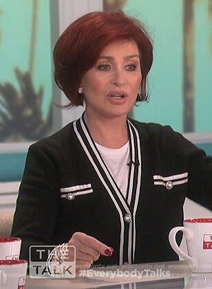 Sharon’s black cardigan with contrasting stripes on The Talk