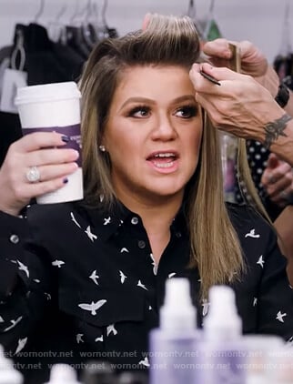 Kelly's black bird print blouse on The Kelly Clarkson Show
