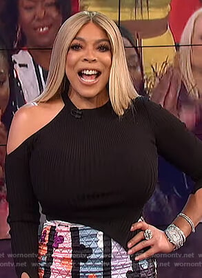 Wendy’s black shoulder cutout top on The Wendy Williams Show