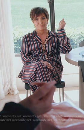 Kris's blue and red striped blouse and pants on Keeping Up with the Kardashians