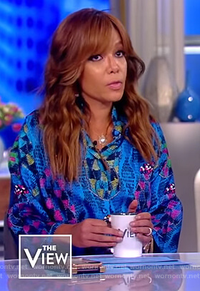 Sunny's blue printed satin dress on The View