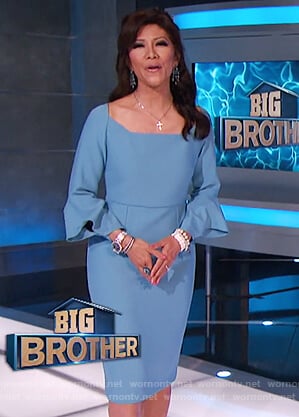 Julie's blue sheath dress with flared sleeves on Big Brother