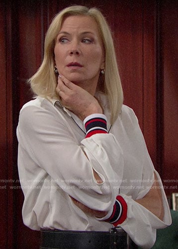 Brooke’s white blouse with striped cuffs on The Bold and the Beautiful