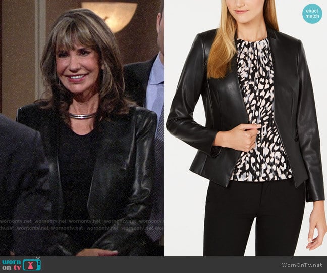 Calvin Klein Asymmetrical Faux-Leather Jacket worn by Jill Abbott (Jess Walton) on The Young and the Restless