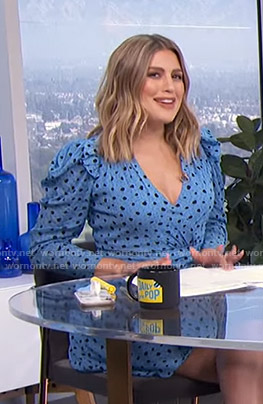 Carissa’s blue dotted wrap dress on E! News Daily Pop