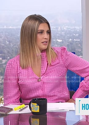 Carissa’s pink houndstooth tie neck blouse on E! News Daily Pop