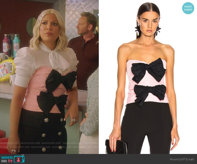 Strapless Bow Top by Carmen March worn by Tori Spelling (Tori Spelling) on BH90210