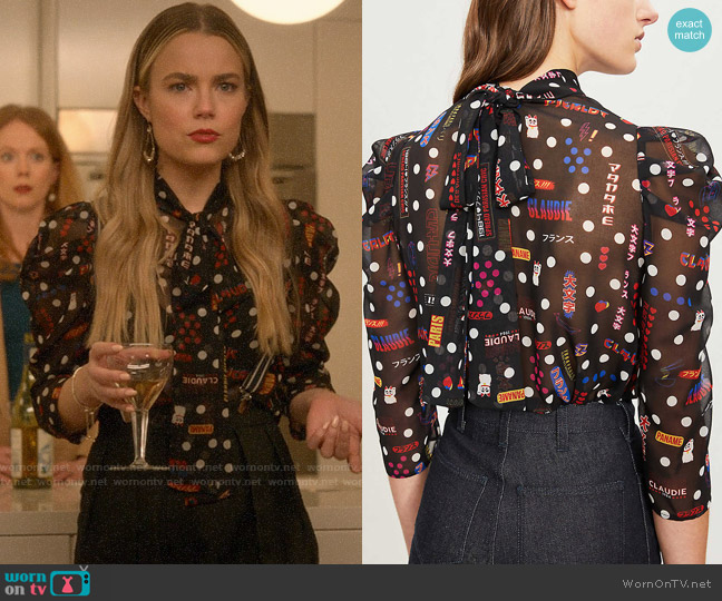 Claudie Pierlot Borisal Badges-print Chiffon Top worn by Ainsley Howard (Rebecca Rittenhouse) on Four Weddings and a Funeral