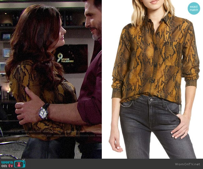 Current Elliott The Neal Shirt in Bronze Brown Python worn by Katie Logan (Heather Tom) on The Bold and the Beautiful