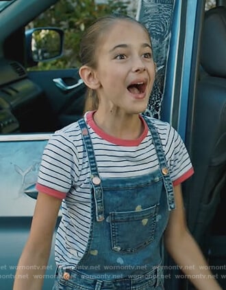 Anna’s heart denim overalls on American Housewife