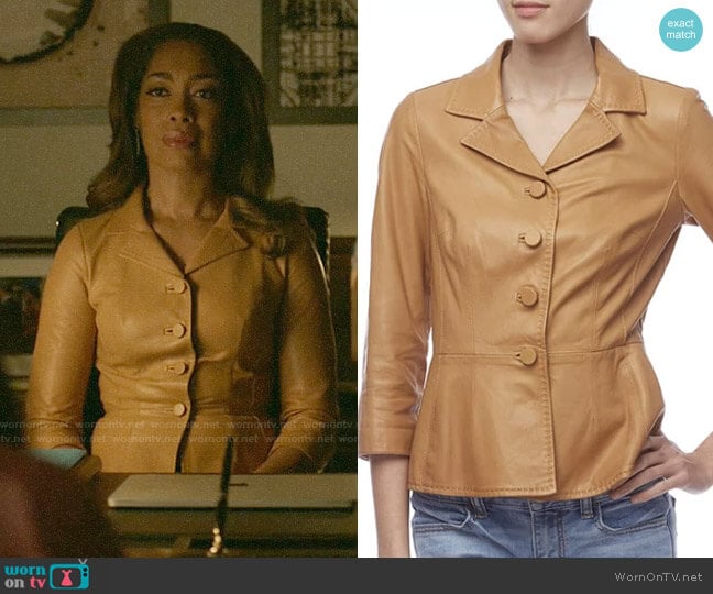 Dolce & Gabbana Light Brown Leather Peplum Jacket worn by Jessica Pearson (Gina Torres) on Pearson