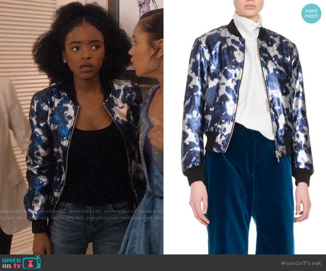 WornOnTV: Zora’s bleu and white printed bomber jacket on Greenleaf ...